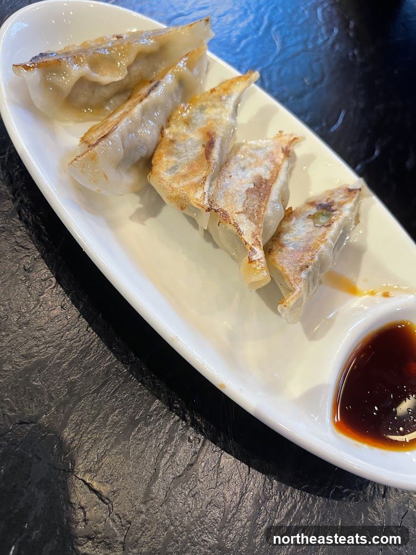 Pan-fried dumplings with dipping sauce