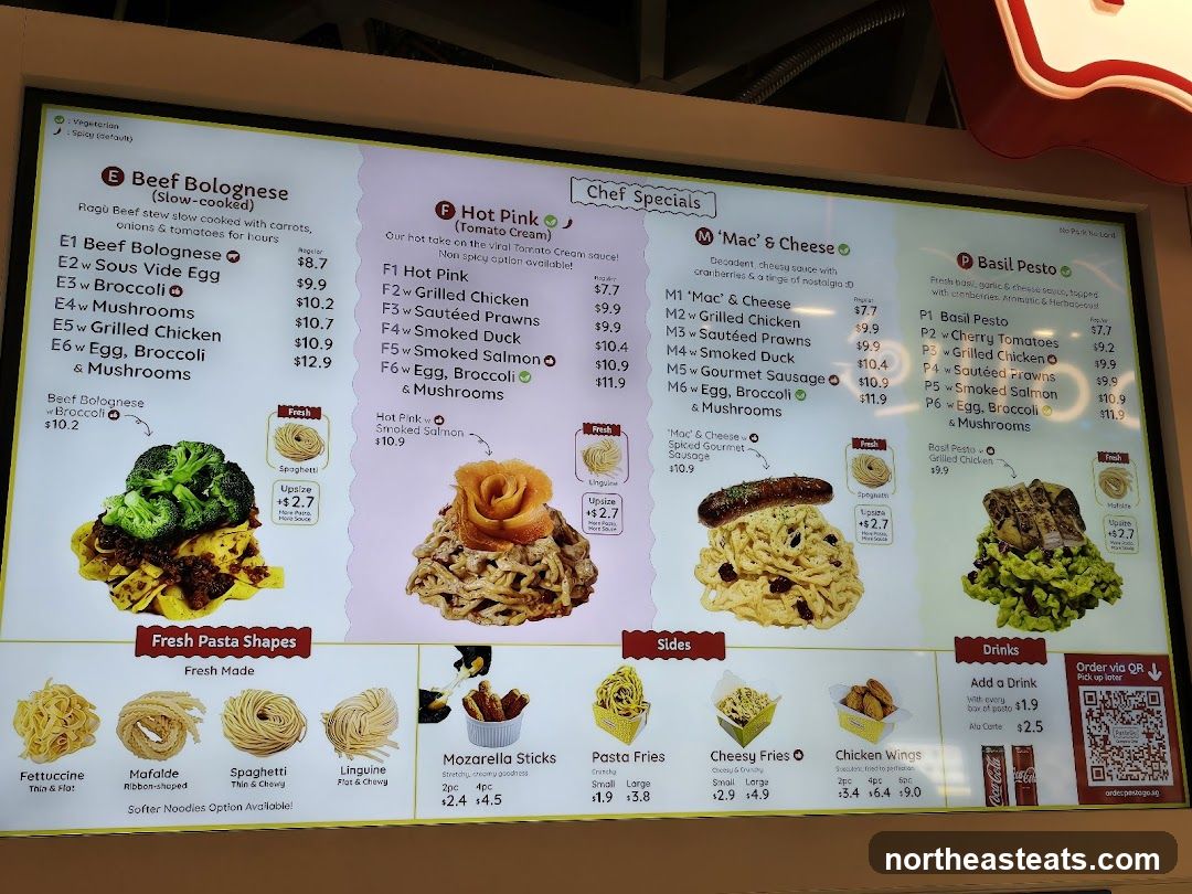 A digital menu board displaying various pasta dishes, sides, and drinks. The menu is divided into sections: Beef Bolognese, Hot Pink, 'Mac' & Cheese, and Basil Pesto, each with several variations. Below these are sections for Fresh Pasta Shapes, Sides, and Drinks.