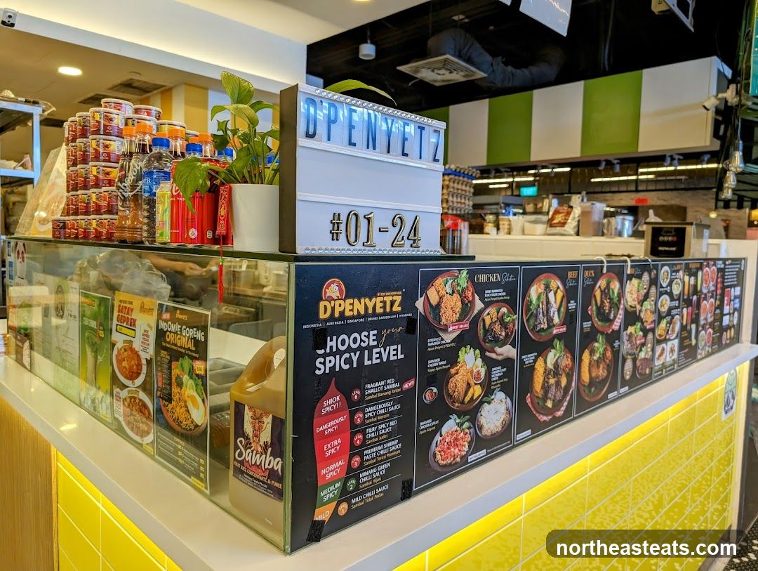 Food stall counter with menu and products