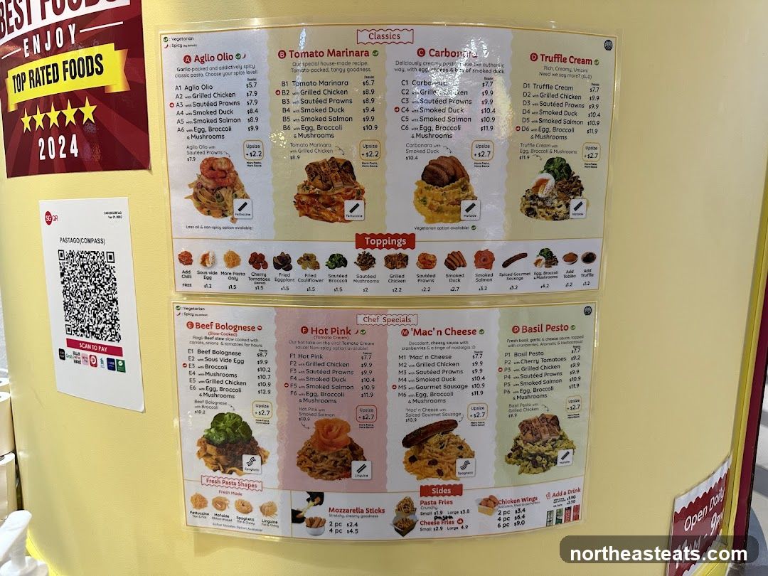 A menu featuring various pasta dishes, sides, and toppings.