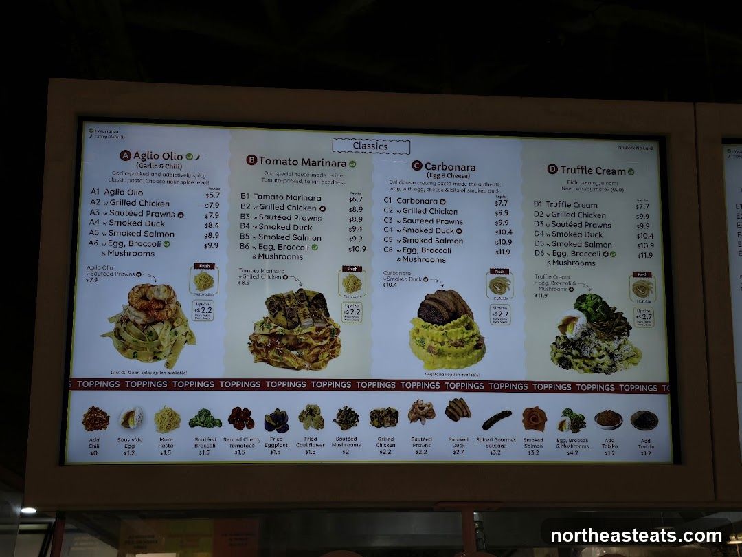 Menu featuring pasta dishes with various toppings and sauces.