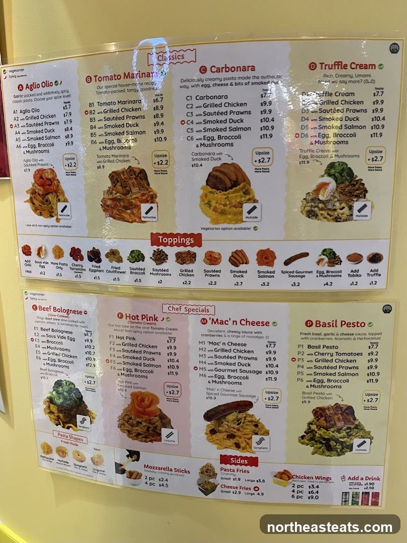 A menu board with various pasta dishes, categorized into Classics, Chef Specials, and sides. Each category lists pasta names with ingredients and prices.
