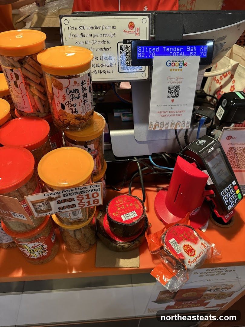 Counter with food products and payment terminal