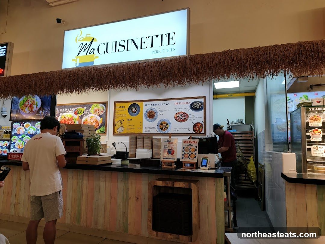Food stall counter with menu boards
