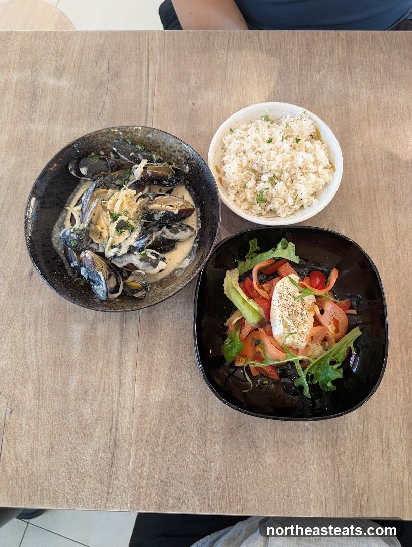 Mussels, Rice, and Salad