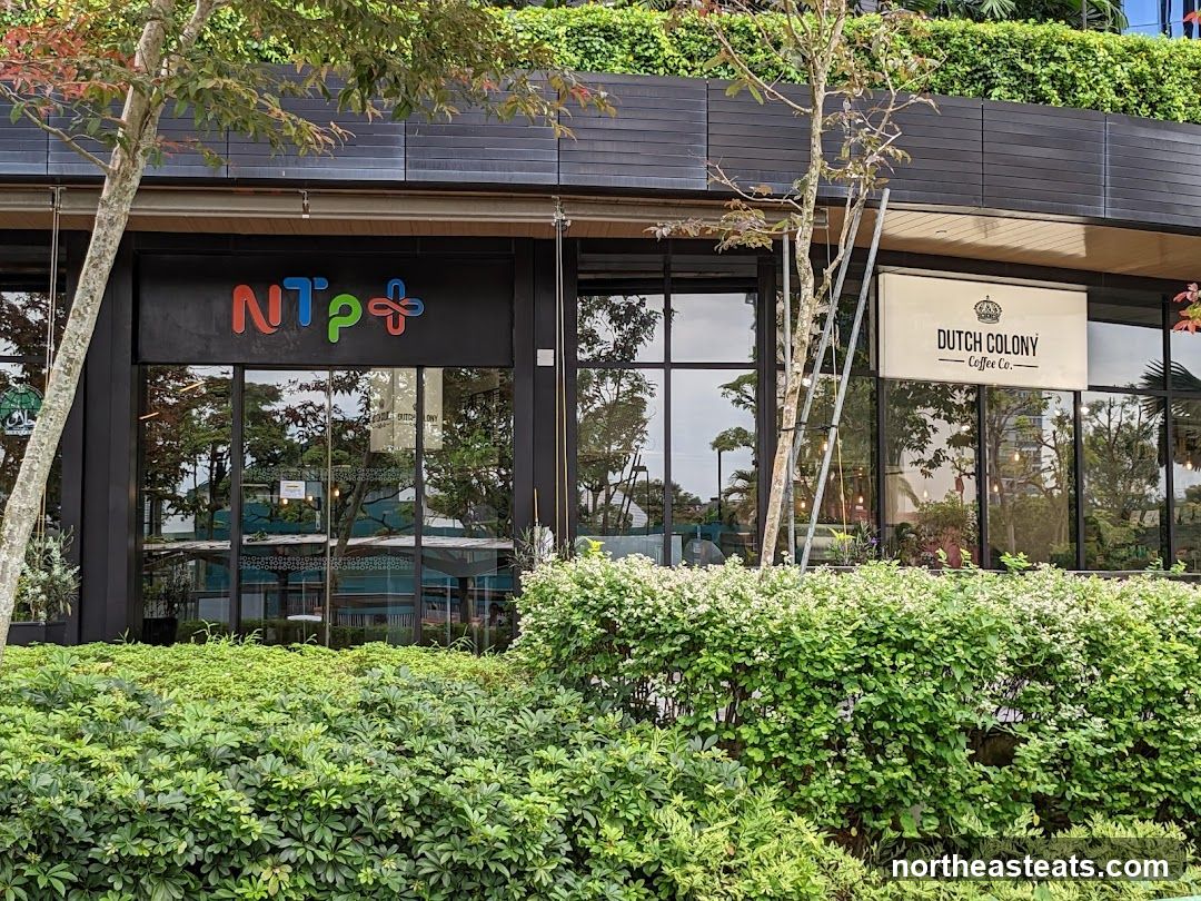The exterior of a building with two distinct signs. On the left, a sign with colorful letters spelling "NTP+" is visible above a dark-framed glass entrance. To the right, a rectangular sign with a crown logo and the text "DUTCH COLONY Coffee Co." is mounted on the building facade. Both storefronts are framed by lush green bushes in the foreground and trees and greenery in the background.