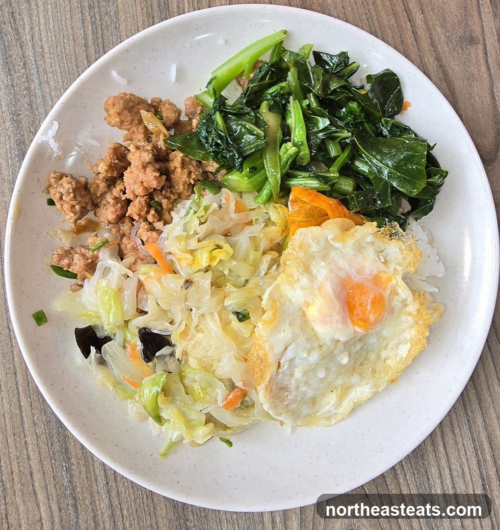 Rice plate with stir-fried vegetables, minced meat, and fried egg