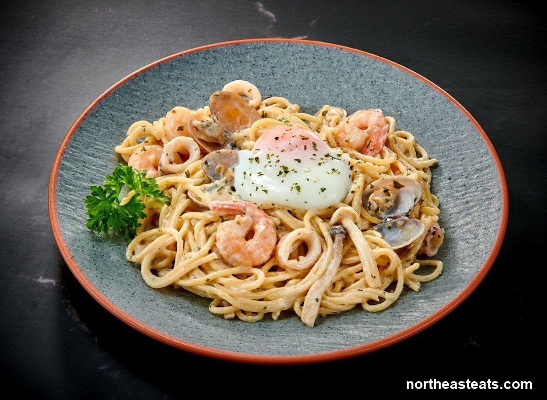 Seafood Pasta with Poached Egg