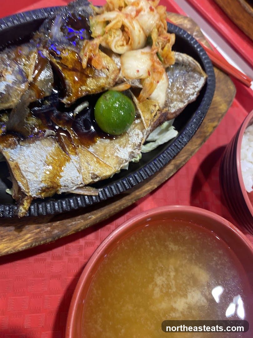 Sizzling Fish with Kimchi and Miso Soup