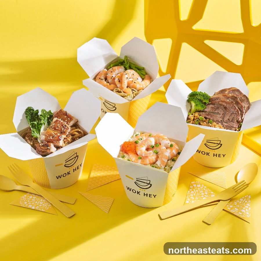 Four takeout containers of food