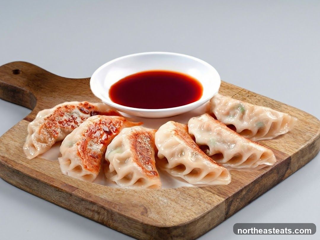 Pan-fried dumplings with dipping sauce