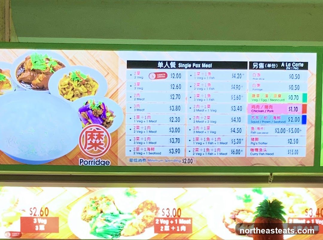 Menu with single pax meals and a la carte options.