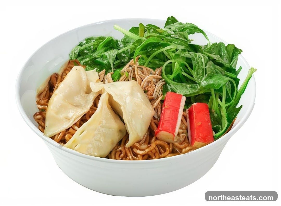 Noodle Bowl with Dumplings and Crab Sticks