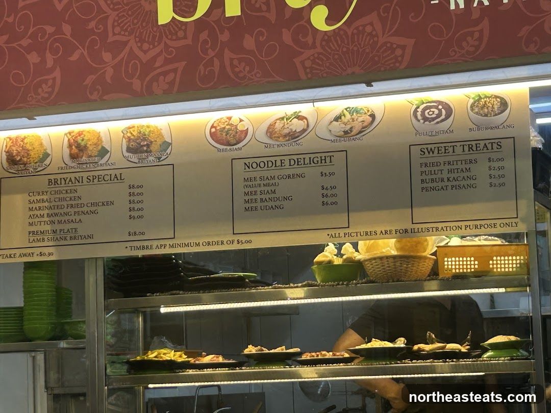 A menu board displaying various dishes including Biryani specials, noodle dishes, and sweet treats. Images of the dishes are shown above the text. The menu also states "All pictures are for illustration purpose only" and a minimum order for the Timbre App.
