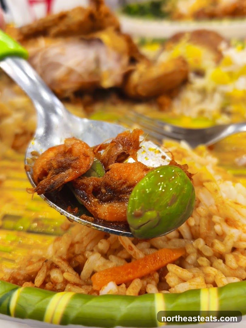 Close-up of a Spoonful of Rice with Shrimp and Stink Beans
