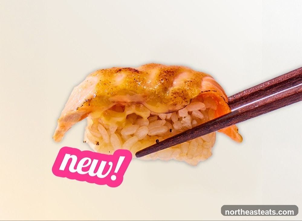Sushi with "new!" sticker