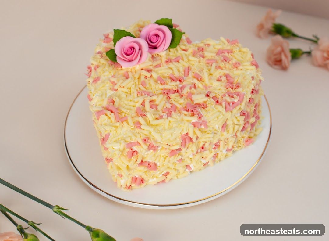 Heart-shaped cake with white chocolate shavings and pink accents