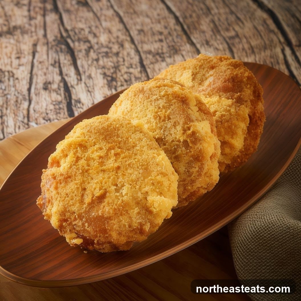 Three golden-brown pastries on a wooden plate