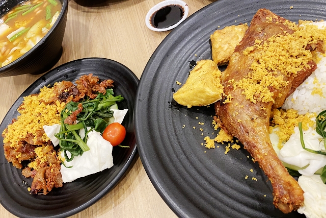 Crispy fried duck with tempeh, tofu, kangkong and sambal at Bebek Goreng Pak Ndut