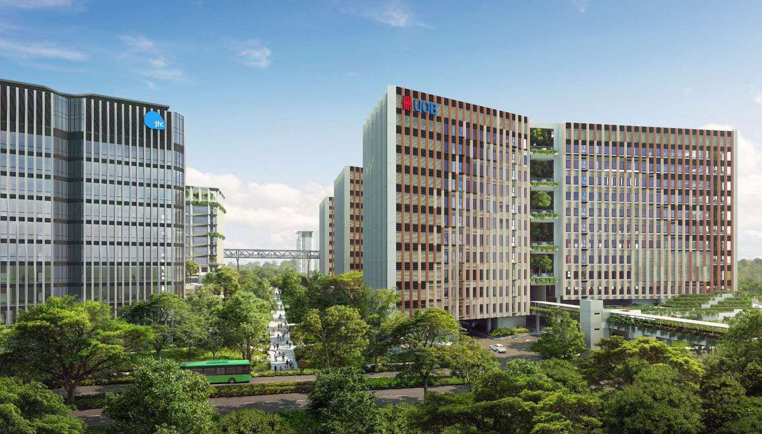Punggol Digital District ecosystem showing collaboration spaces and business park buildings