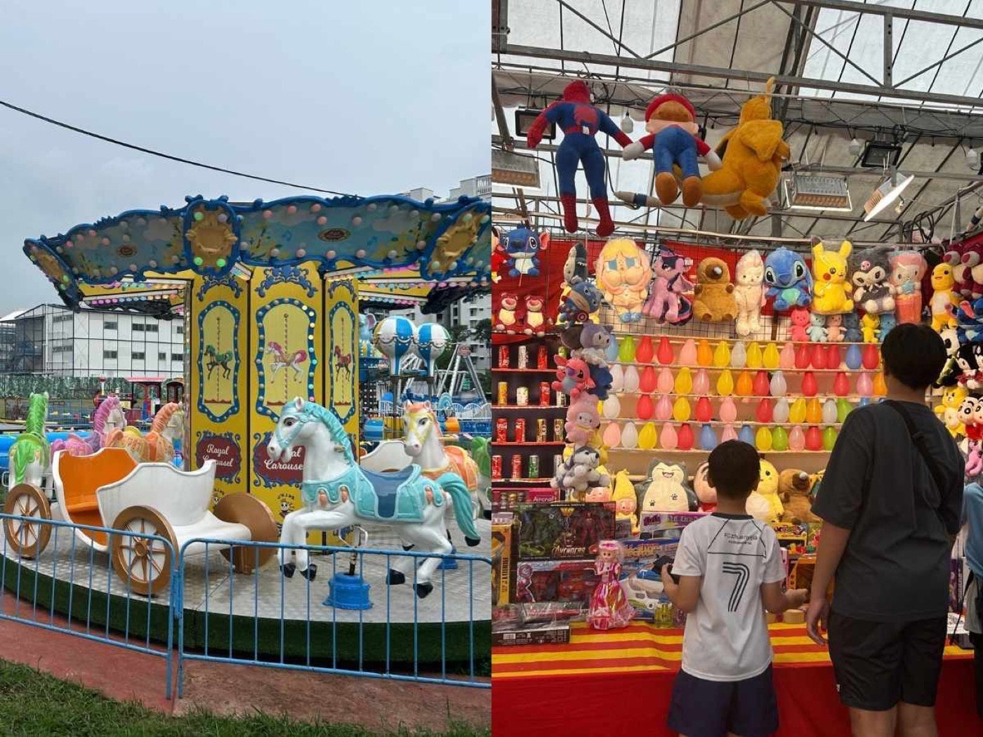 Amusement rides and game stalls at the Punggol pasar malam on the grass field beside Waterway Point, October 2026
