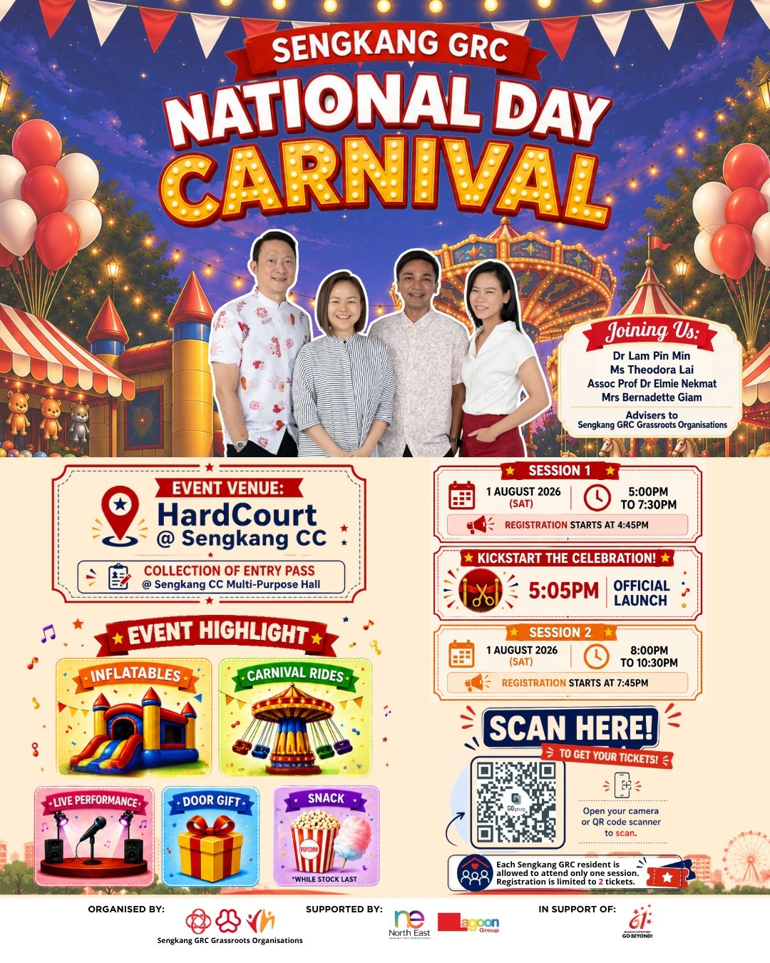 Buangkok Community Club announcement for Sengkang GRC National Day Carnival 2026 with event highlights